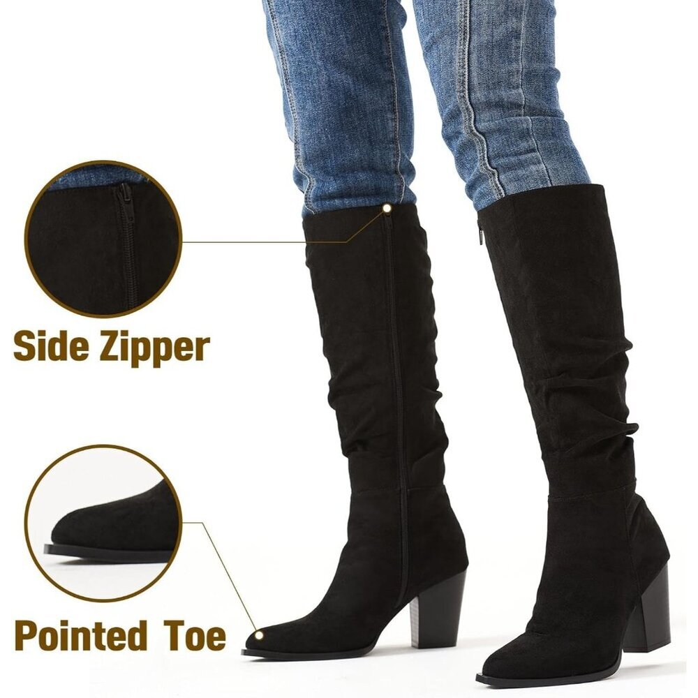 〽️Women's Black Putu Pointed Toe Knee High Faux Suede Slouch Chunky Heel Boots - Picture 2 of 6
